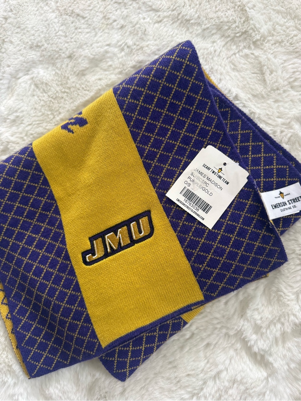NWT JMU Purple and Gold Knit Logo Scarf by Emerson Street